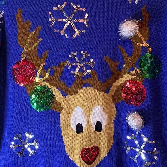 BONGO Y2K Christmas Sweater with Reindeer Pom-Poms & Sequins Size Small - Picture 3 of 8